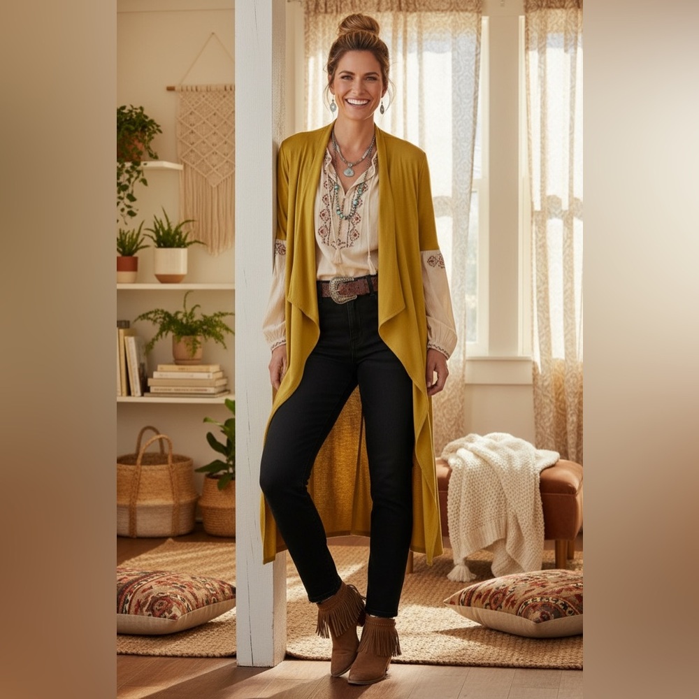 Tahari Long Open Front Duster Cardigan Mustard Gold Lightweight Layering Size S